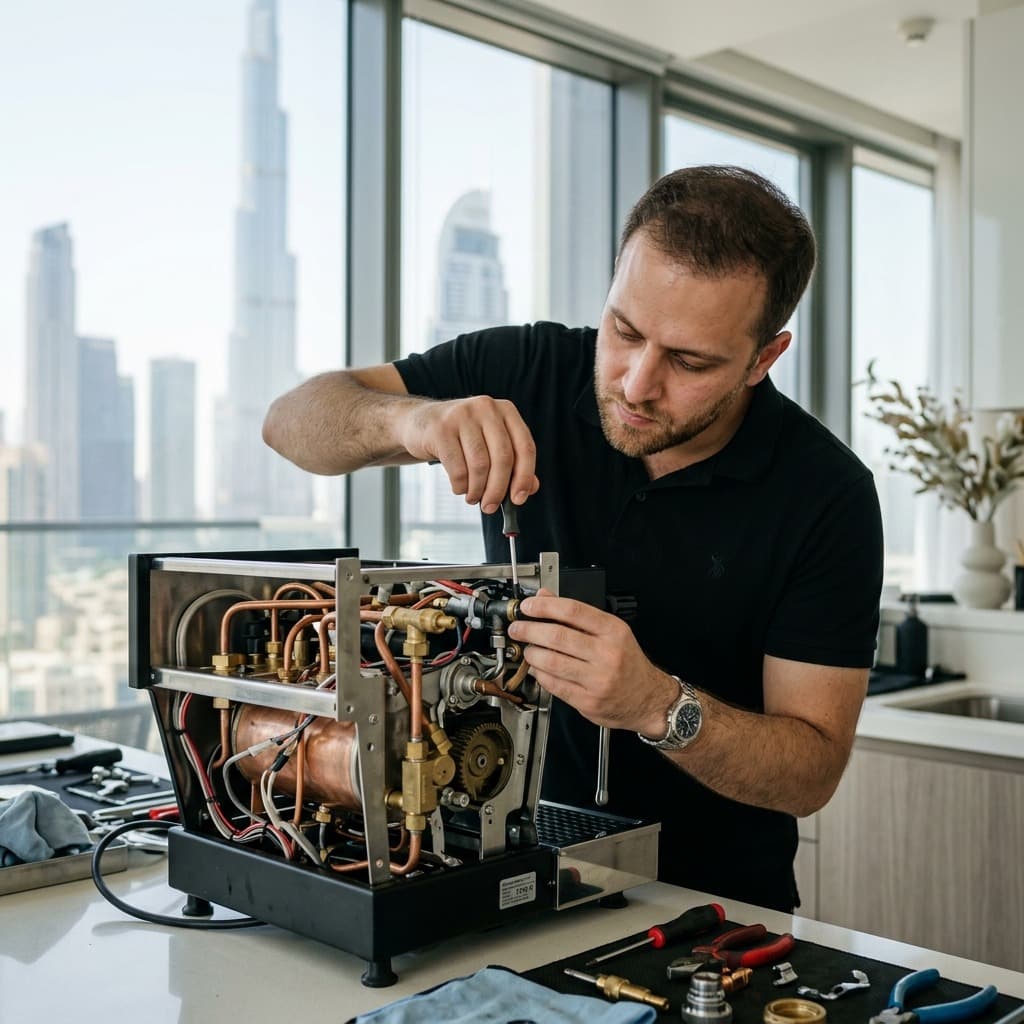 Coffee machine repair technician fixing a coffee machine in Dubai